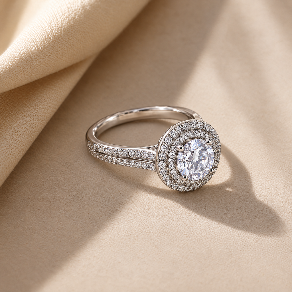 Anillo doble Eris Plata 925 sobre tela color crema