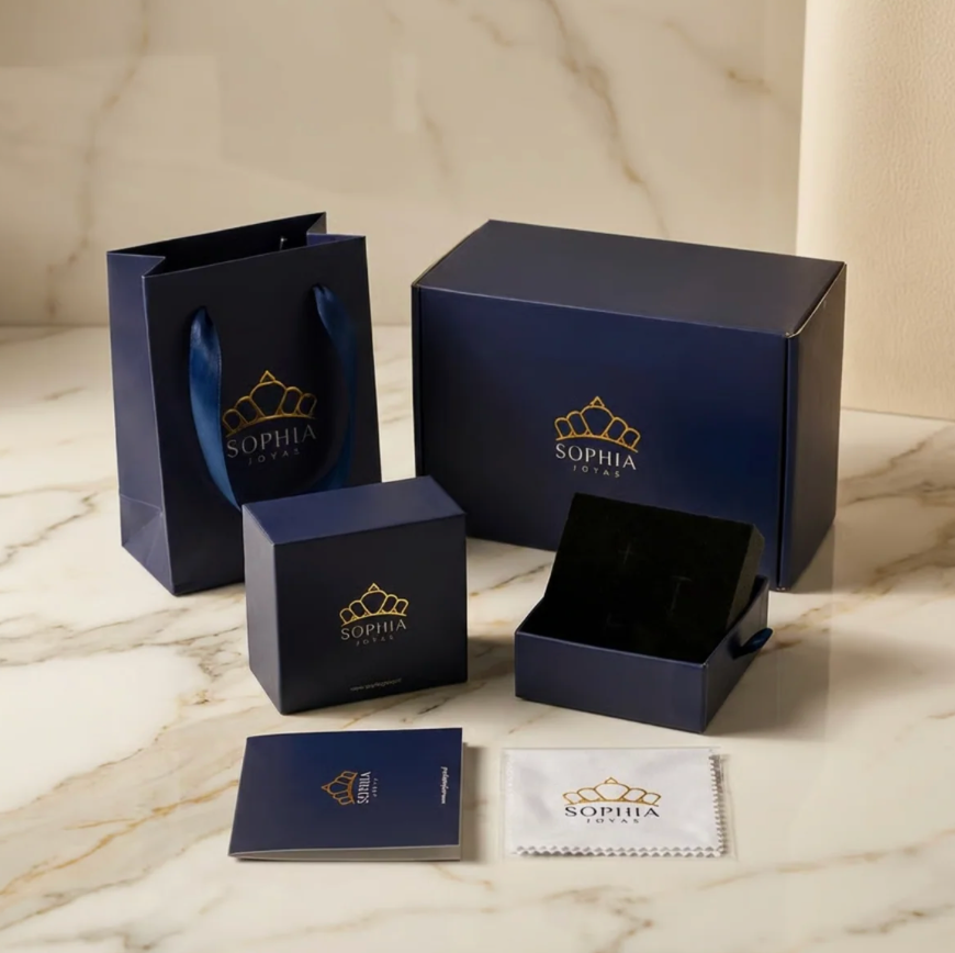 Packaging de Sophia Joyas: caja, bolsa, estuche y paño de limpieza