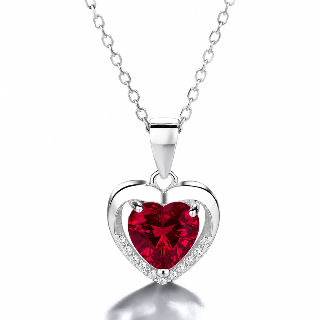 Collar Isora de plata 925 con colgante de corazón y circón rojo rubí