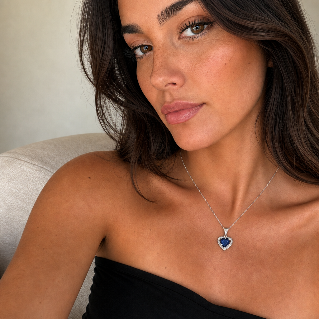 Retrato de mujer con el collar Isora de plata 925 y circón azul