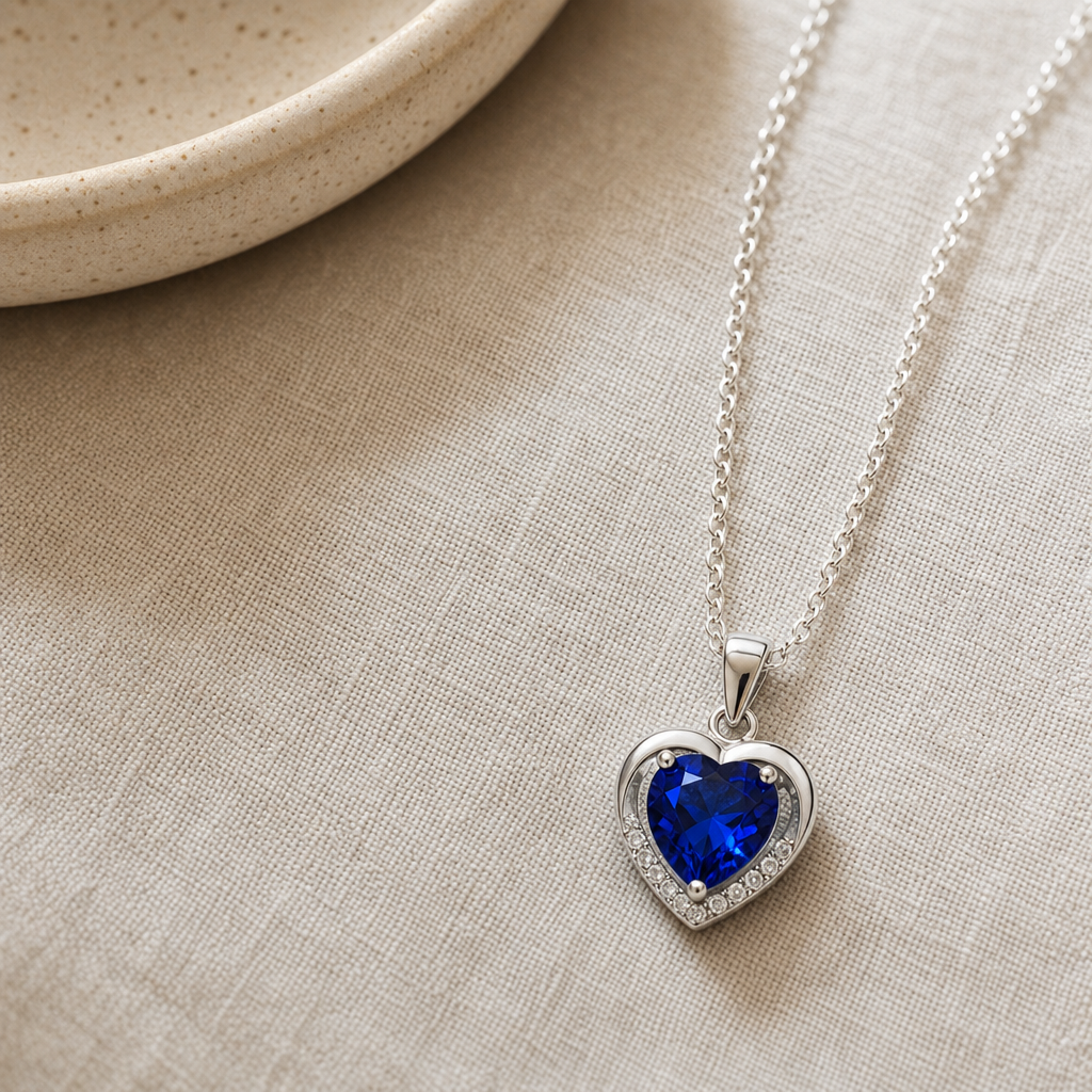 Collar Isora de plata 925 con circón azul sobre textil de lino