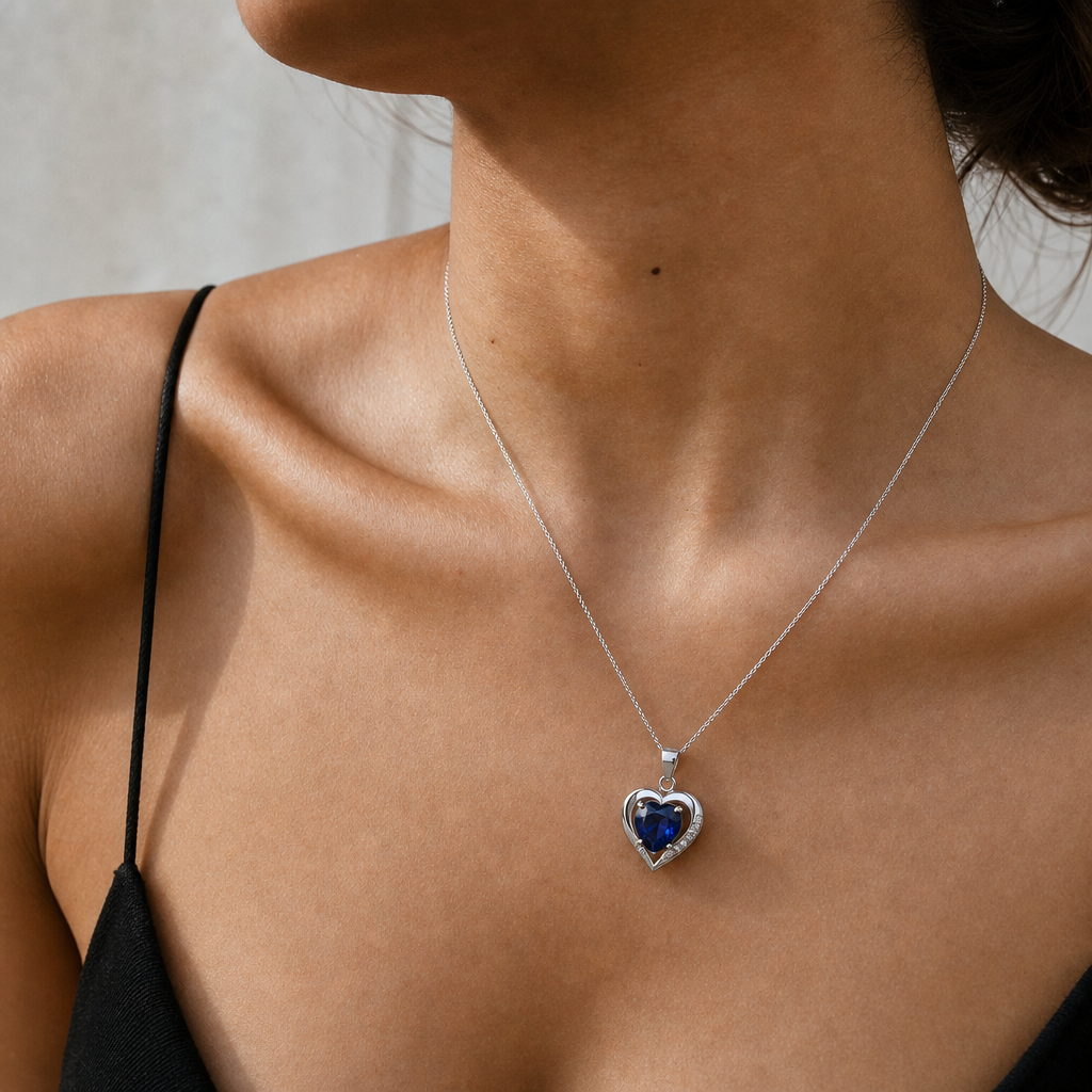 Detalle del collar Isora de plata 925 con circón azul sobre el escote