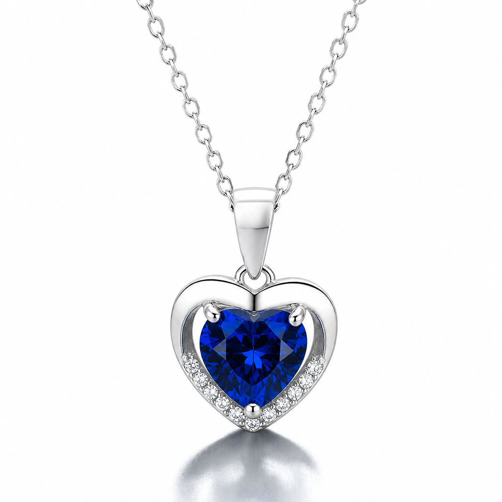 Collar Isora de plata 925 con colgante de corazón y circón azul zafiro