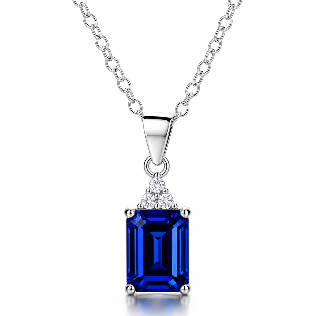 Collar Velora de plata 925 con colgante rectangular y circón azul zafiro