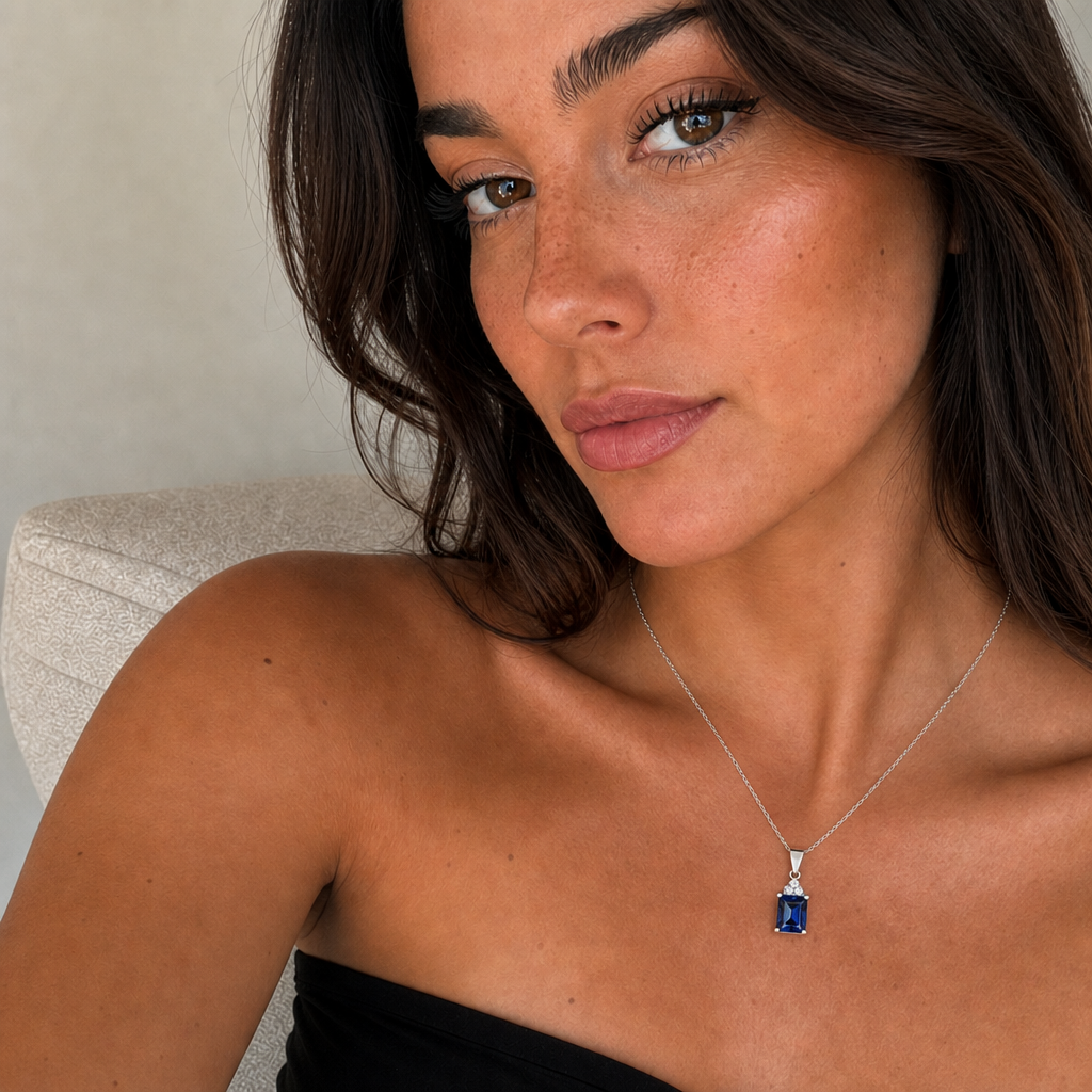 Retrato de mujer con el collar Velora de plata 925 y circón azul