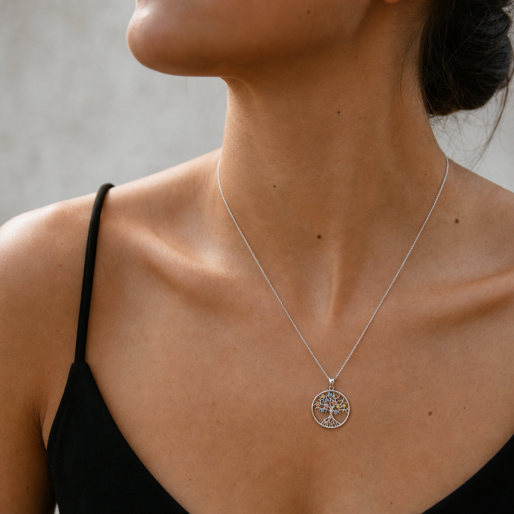 Detalle del collar Nyssa de plata 925 con Árbol de la Vida sobre el escote