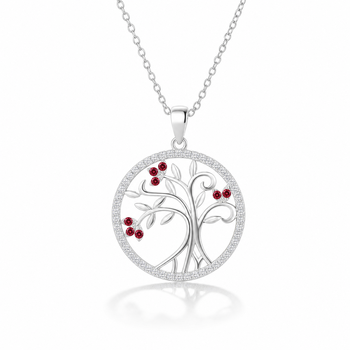 Collar Solarae de plata 925 con Árbol de la Vida y circones rojos