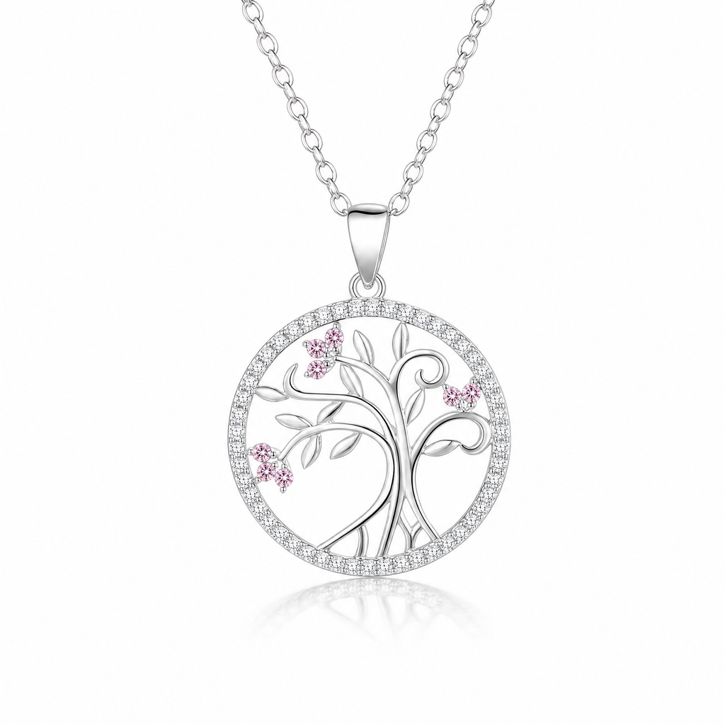 Collar Solarae de plata 925 con Árbol de la Vida y circones rosados
