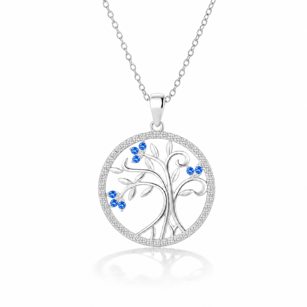 Collar Solarae de plata 925 con Árbol de la Vida y circones azules