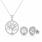 Conjunto Saphirae blanco plata 925: collar y aros árbol de la vida