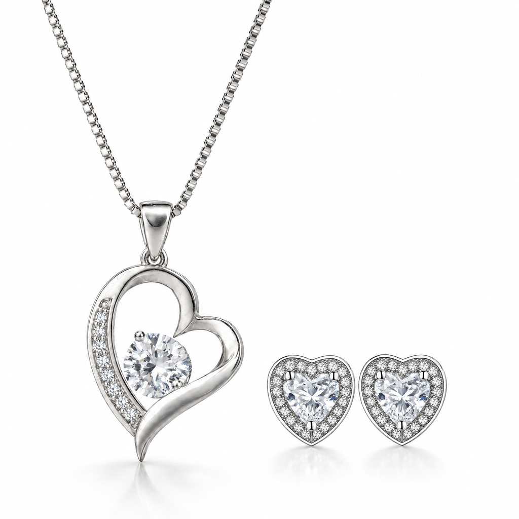 Conjunto Sora plata 925: collar corazón y aros corazón con circones
