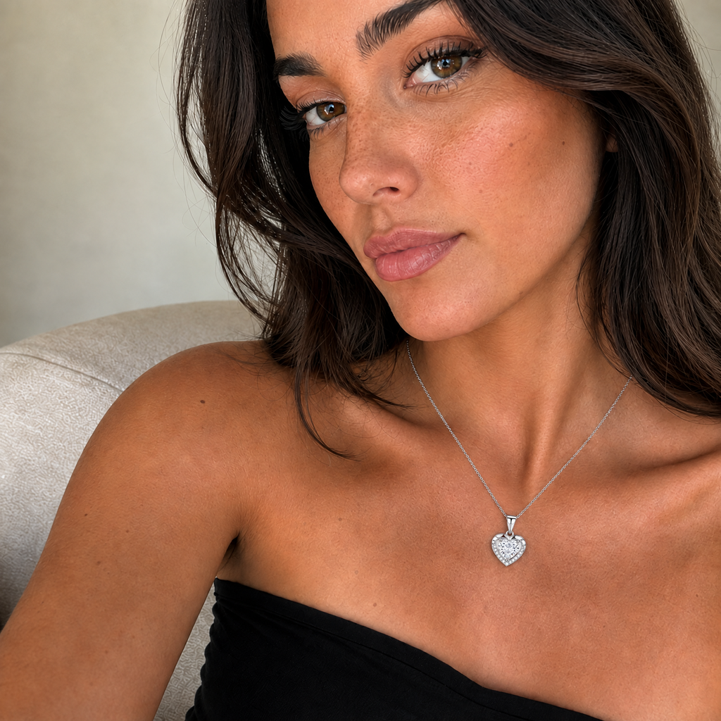 Mujer luciendo el collar Isora de plata 925 con circón blanco