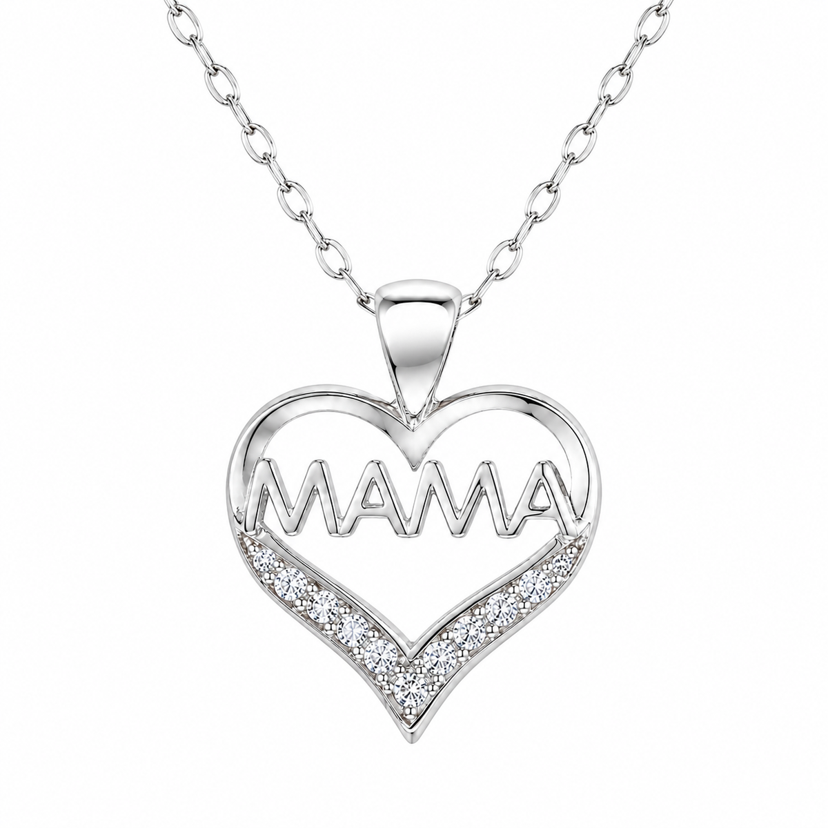 Collar Nyvelis de plata 925: corazón MAMA con circones, fotografía de estudio