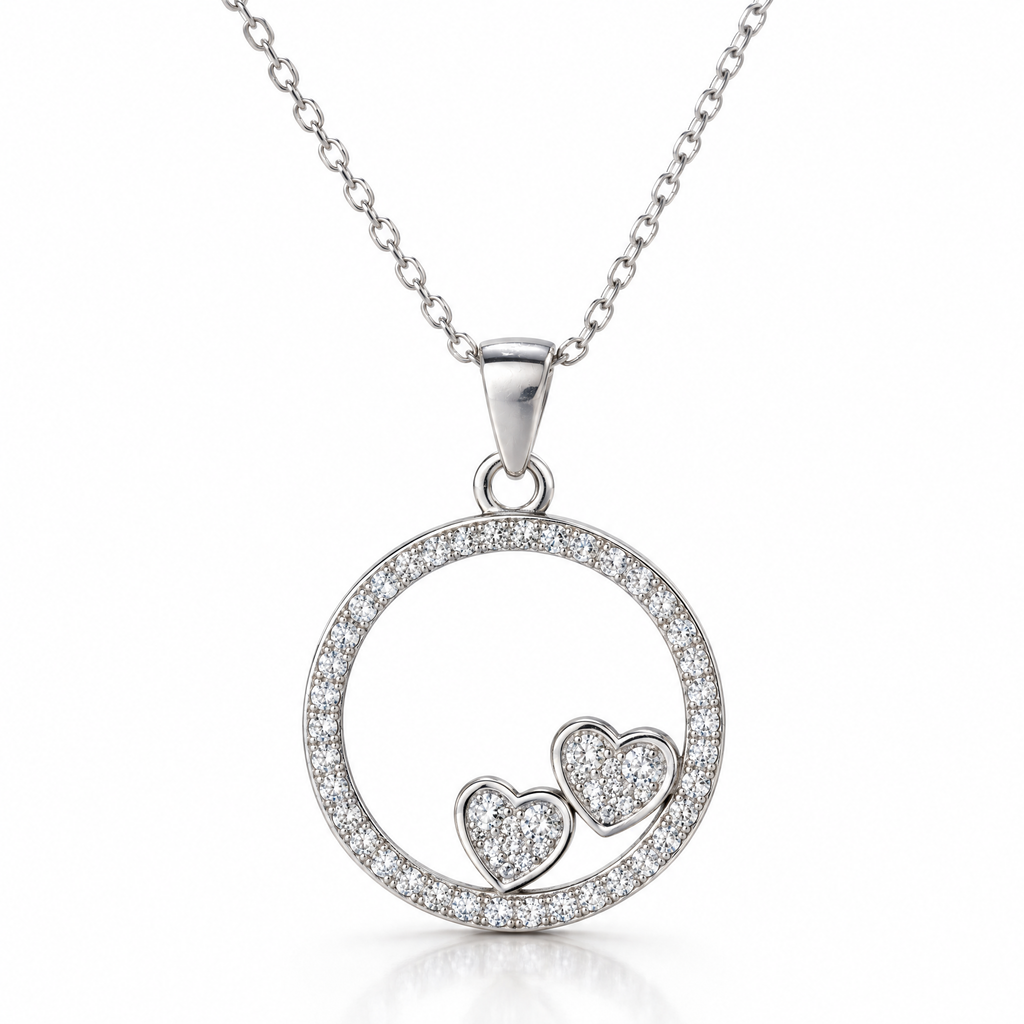 Collar Orla de plata 925 con colgante circular y dos corazones de circones