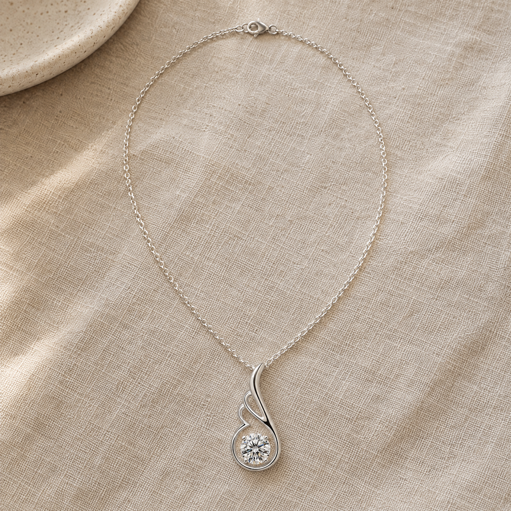 Collar Thalea de plata 925 completo sobre tela de lino beige